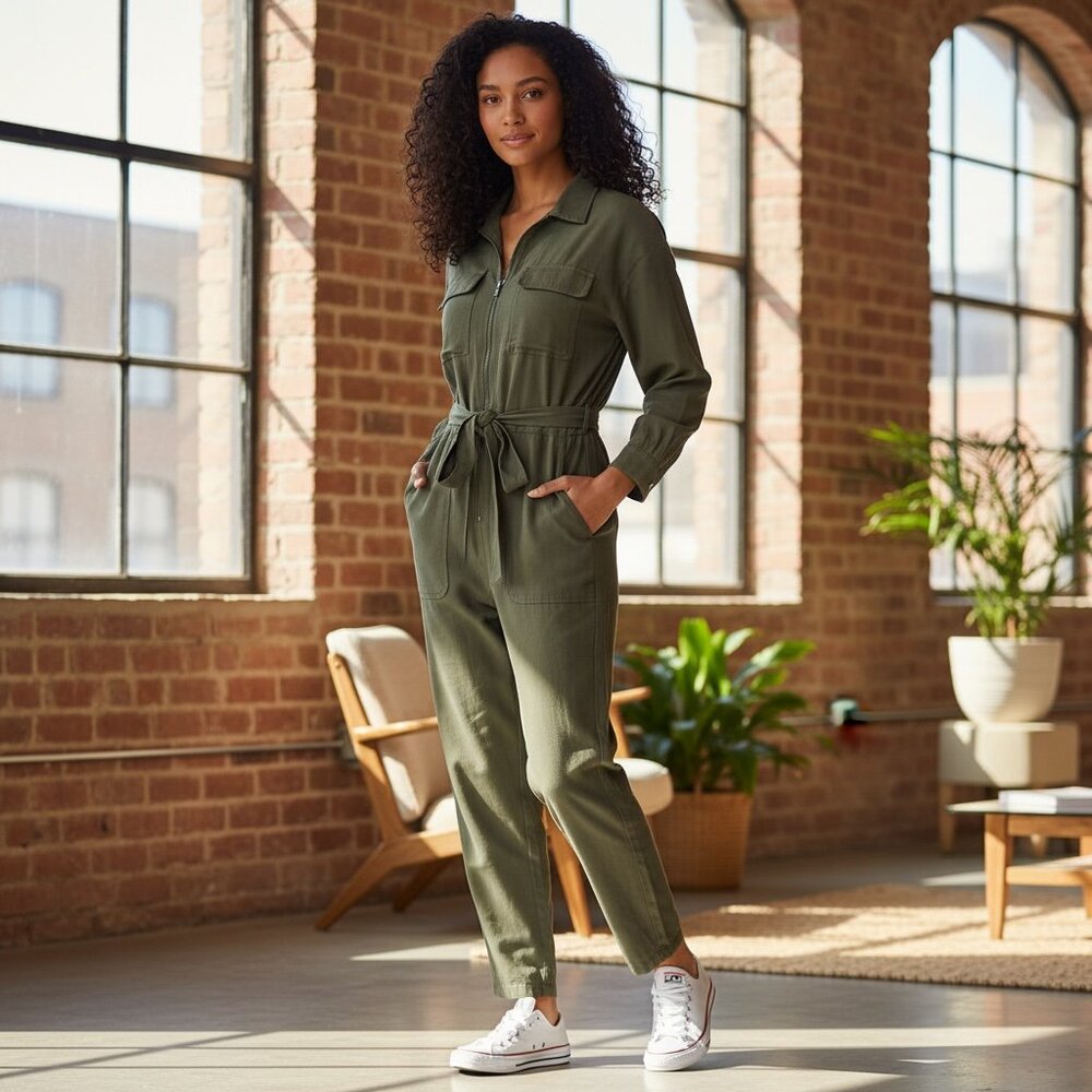 Skies Are Blue NWT Army Green Zippered Soft Utility Jumpsuit Belted size S and M